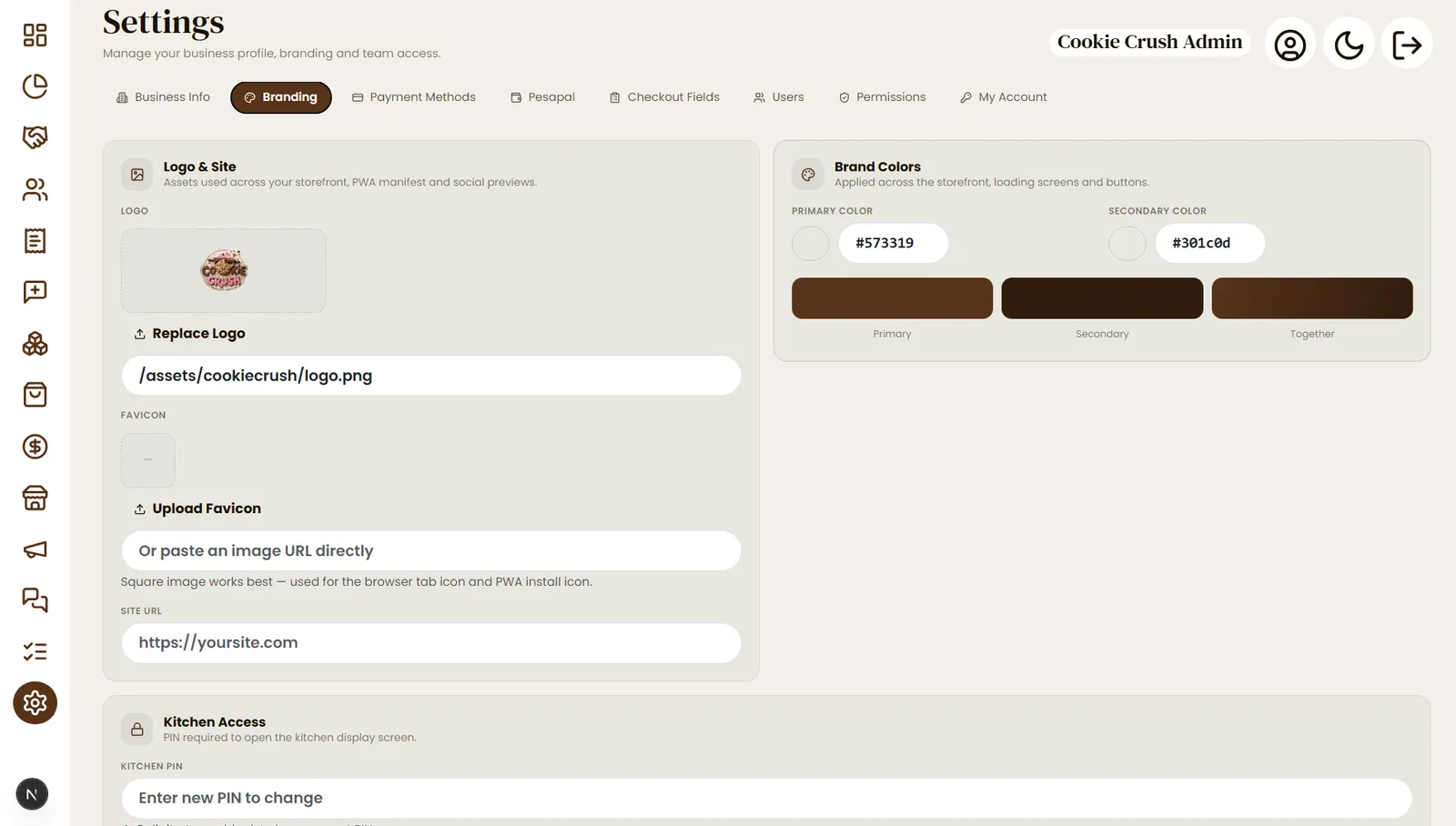 Cookie Crush branding settings with logo upload and brand colors