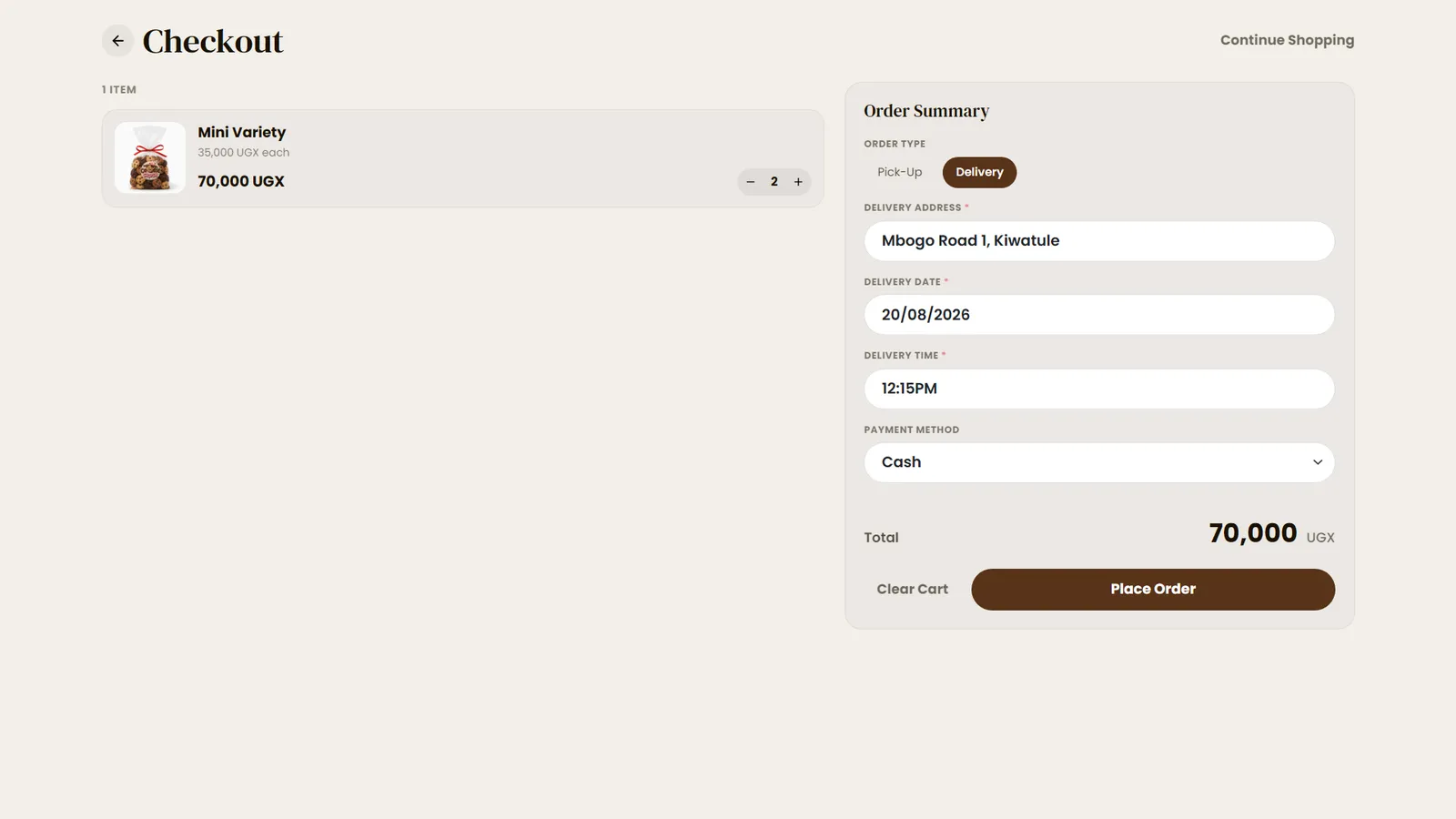 Cookie Crush checkout page with delivery details and order summary