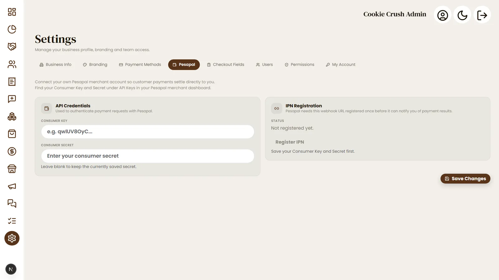 Cookie Crush Pesapal payment integration settings