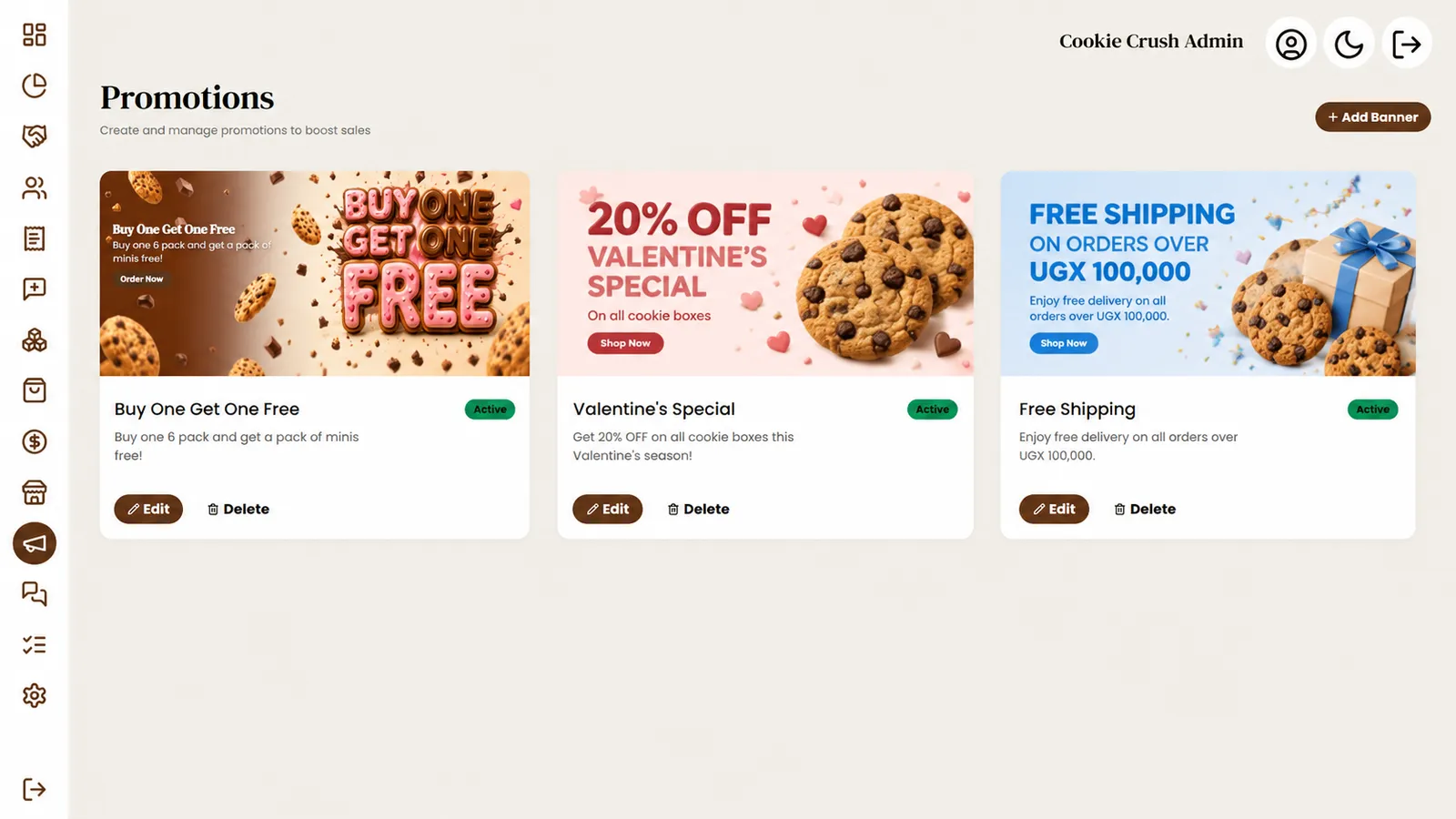 Cookie Crush promotions dashboard with live banner previews